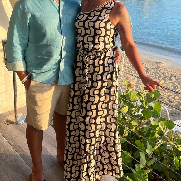 Jumpsuit one shoulder tan and black wide leg pants - cute straps in back - Picture 1 of 3